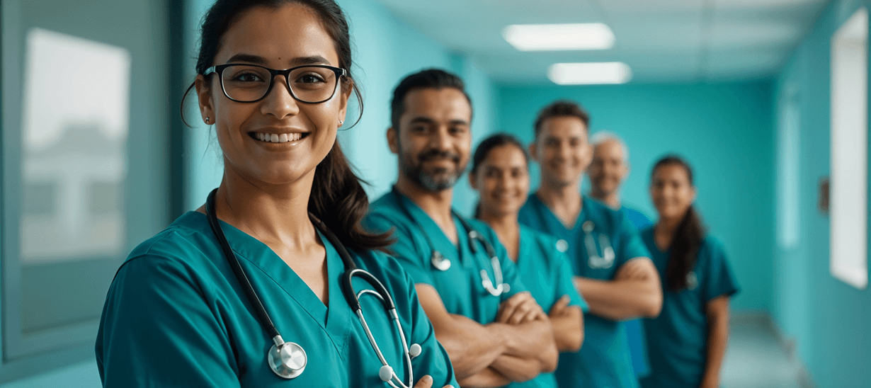 Medical team of doctors and nurses in teal scrubs